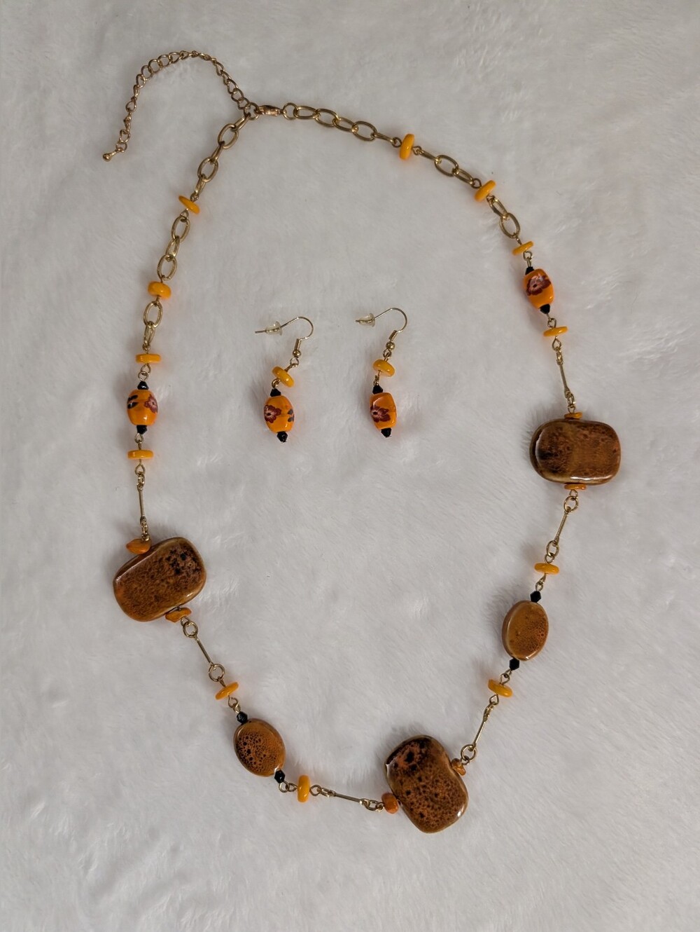 Charming Necklace and earrings Jewelry set, orange beads with pink flowers